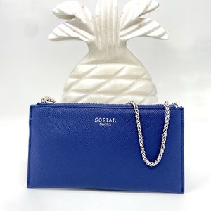 Sorial Small Crossbody Bag Blue Vegan Saffiano Leather Silver Chain Strap